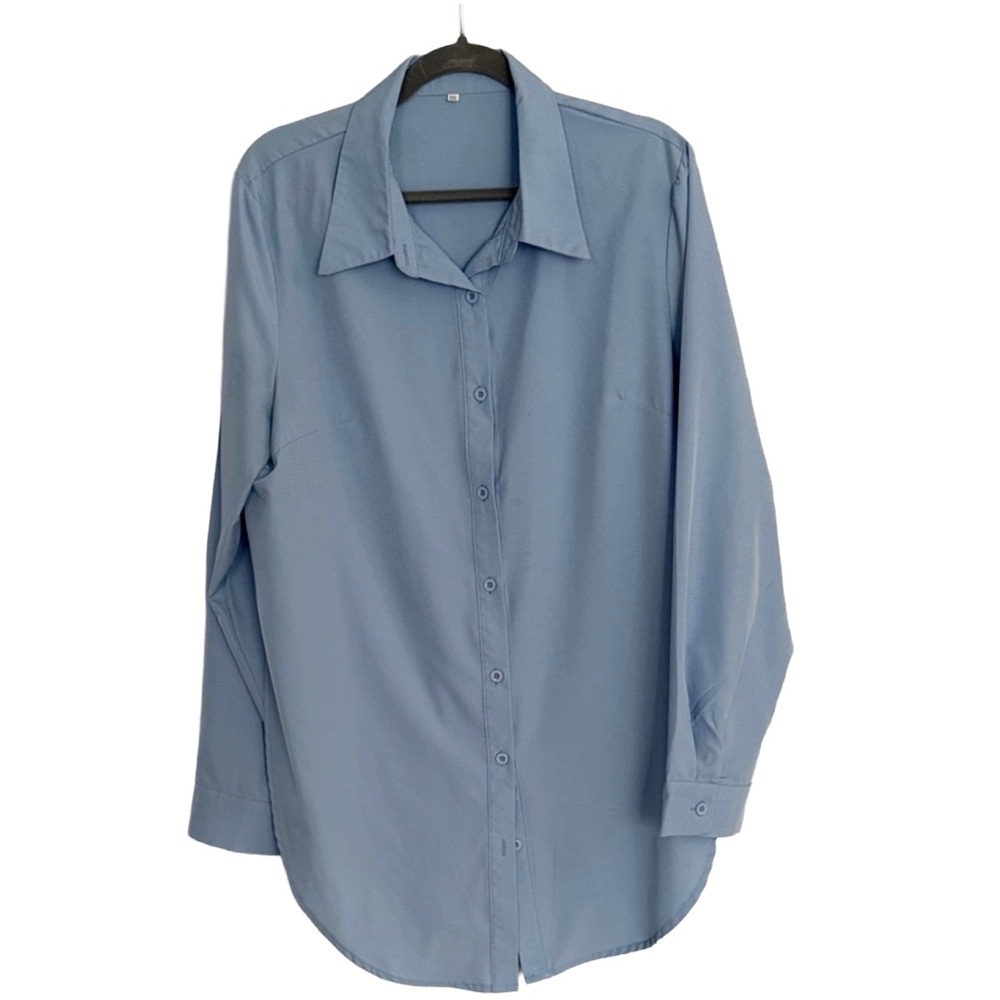 Button-Down long blouse, light powder blue, size XXL Classic Collar